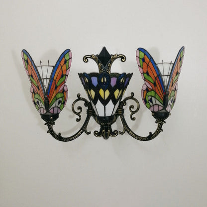 Tiffany Butterfly Alloy Iron Glass 3-Light Wall Sconce Lamp