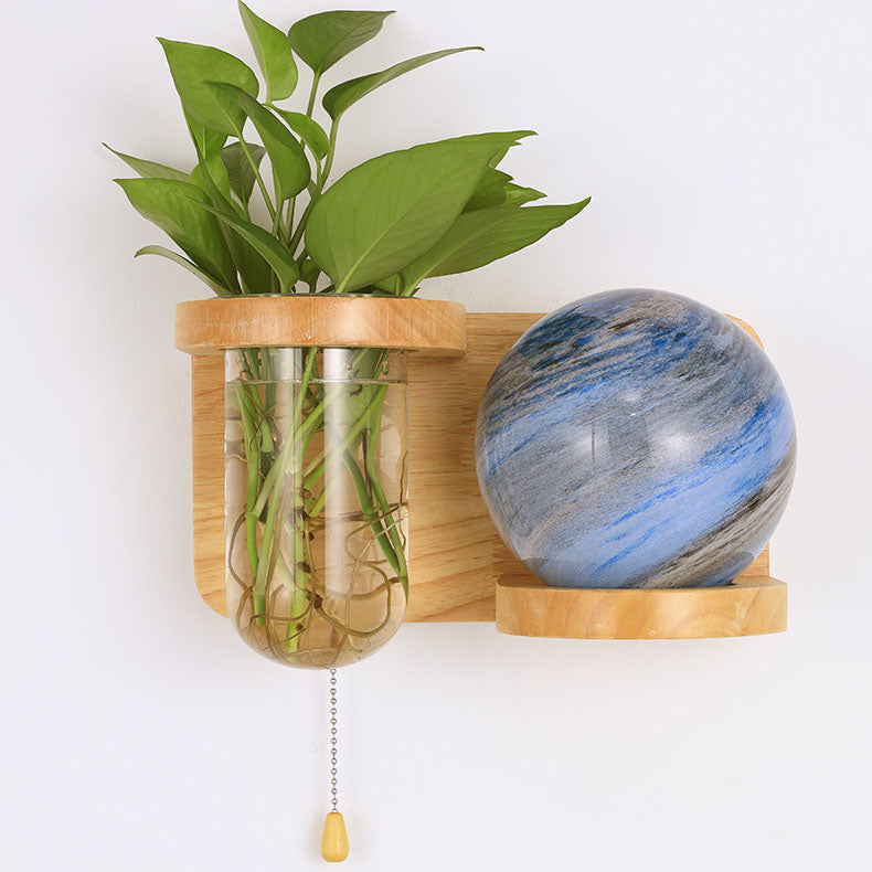 Minimalist Oak Glass Planet 1-Light Wall Sconce Lamp