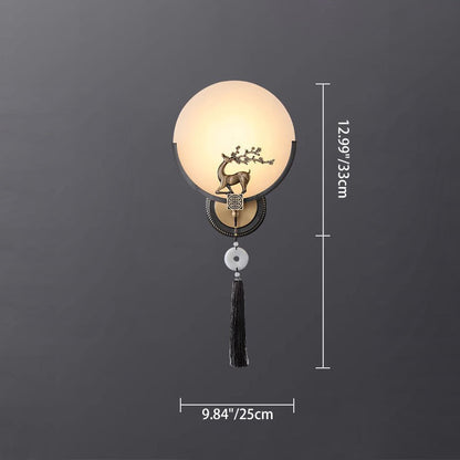 Chinese Round Deer Marble Copper LED Wall Sconce Lamp