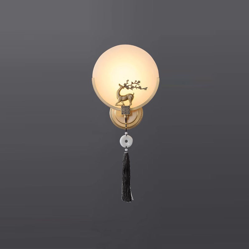 Chinese Round Deer Marble Copper LED Wall Sconce Lamp