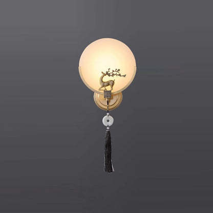 Chinese Round Deer Marble Copper LED Wall Sconce Lamp
