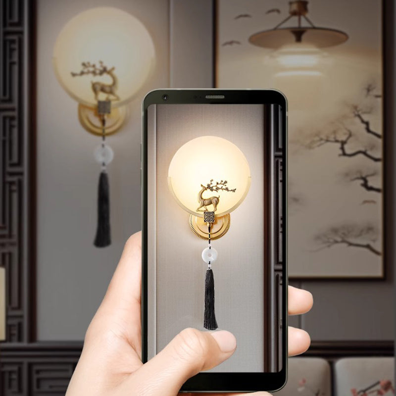 Chinese Round Deer Marble Copper LED Wall Sconce Lamp