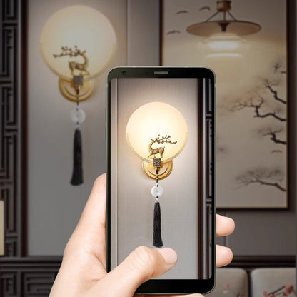 Chinese Round Deer Marble Copper LED Wall Sconce Lamp