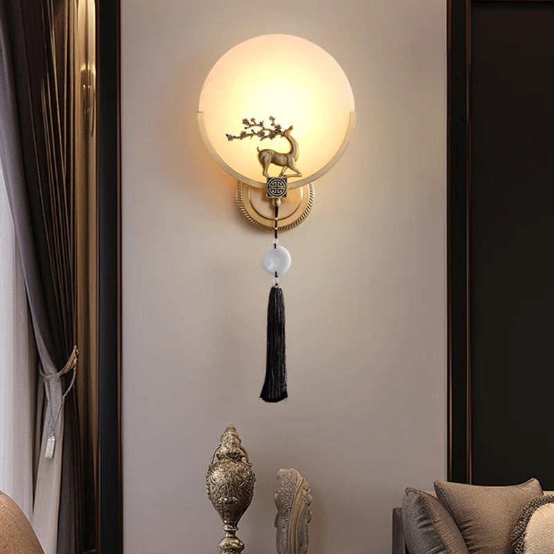 Chinese Round Deer Marble Copper LED Wall Sconce Lamp