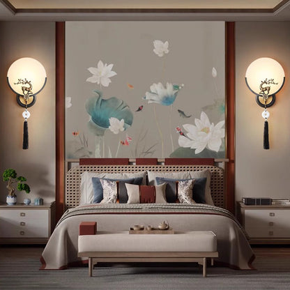 Chinese Round Deer Marble Copper LED Wall Sconce Lamp