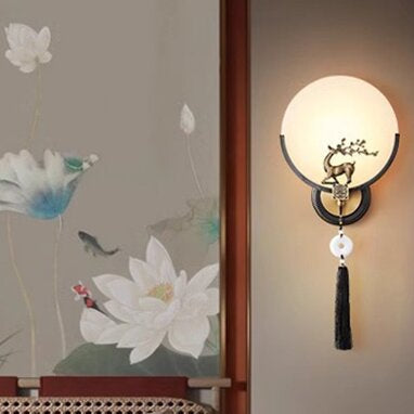 Chinese Round Deer Marble Copper LED Wall Sconce Lamp