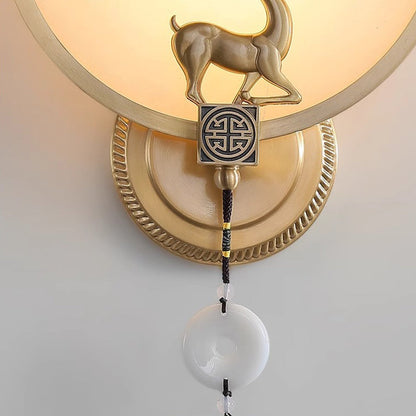 Chinese Round Deer Marble Copper LED Wall Sconce Lamp