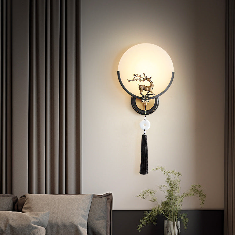 Chinese Round Deer Marble Copper LED Wall Sconce Lamp