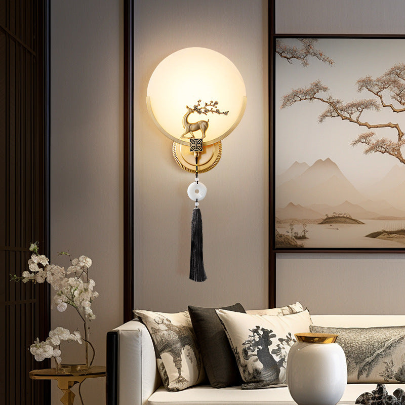 Chinese Round Deer Marble Copper LED Wall Sconce Lamp