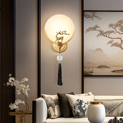 Chinese Round Deer Marble Copper LED Wall Sconce Lamp