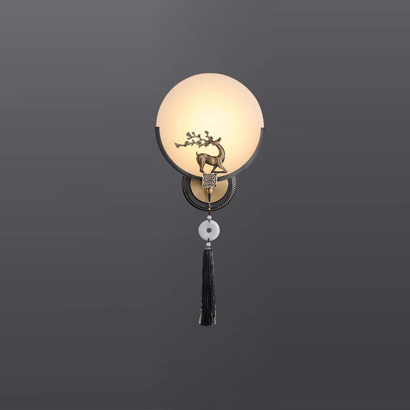 Chinese Round Deer Marble Copper LED Wall Sconce Lamp