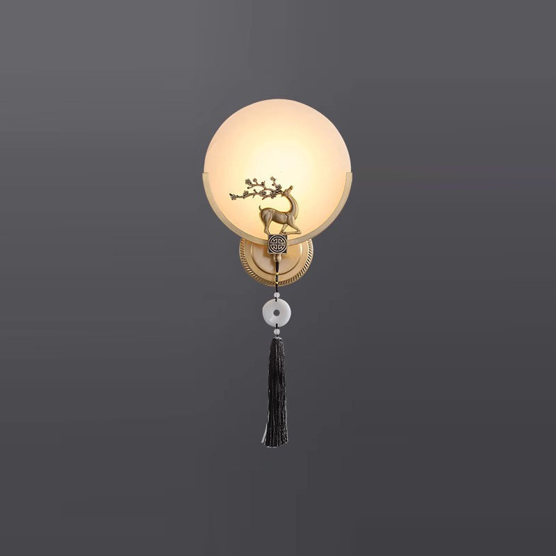 Chinese Round Deer Marble Copper LED Wall Sconce Lamp