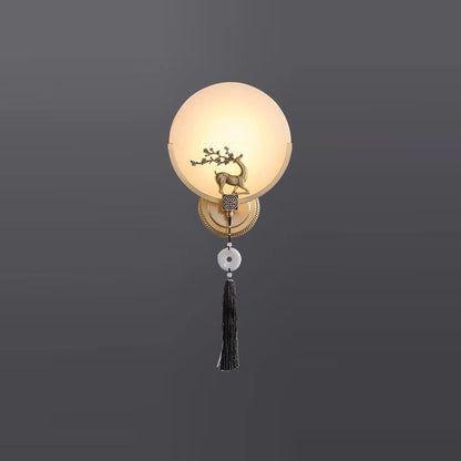 Chinese Round Deer Marble Copper LED Wall Sconce Lamp