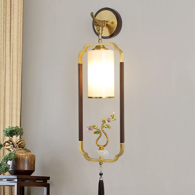 Chinese Glass Lampshade Walnut 1 - Light Wall Sconce Lamp