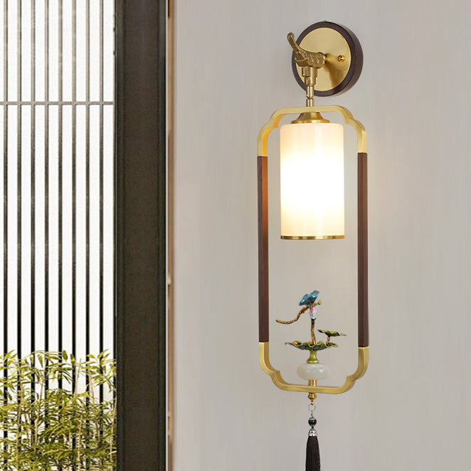 Chinese Glass Lampshade Walnut 1 - Light Wall Sconce Lamp