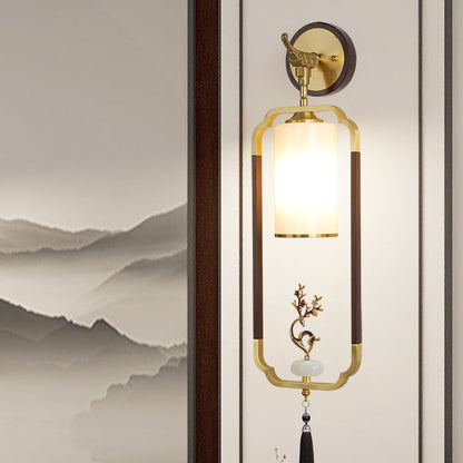 Chinese Glass Lampshade Walnut 1 - Light Wall Sconce Lamp
