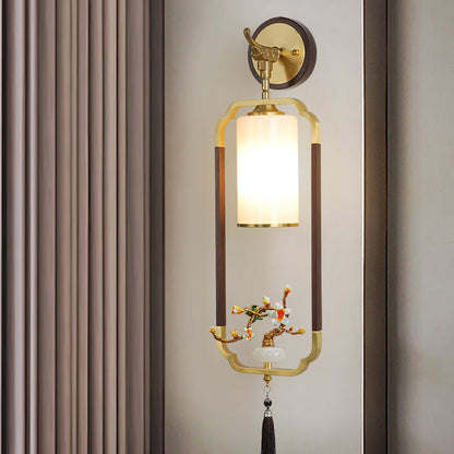 Chinese Glass Lampshade Walnut 1 - Light Wall Sconce Lamp