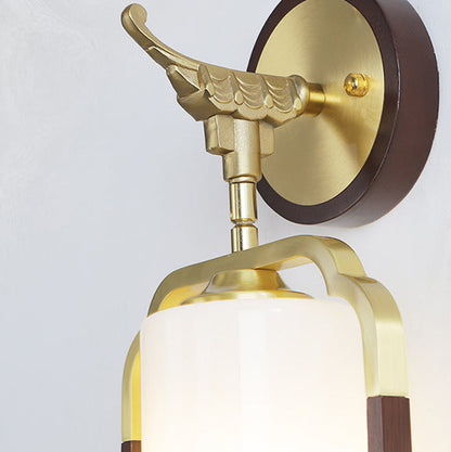 Chinese Glass Lampshade Walnut 1 - Light Wall Sconce Lamp