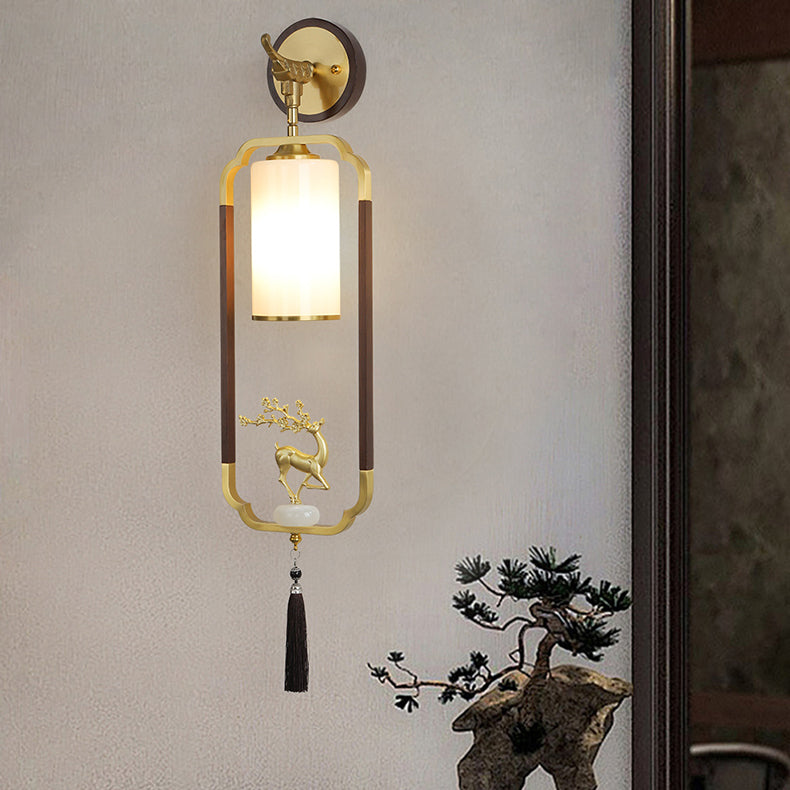 Chinese Glass Lampshade Walnut 1 - Light Wall Sconce Lamp