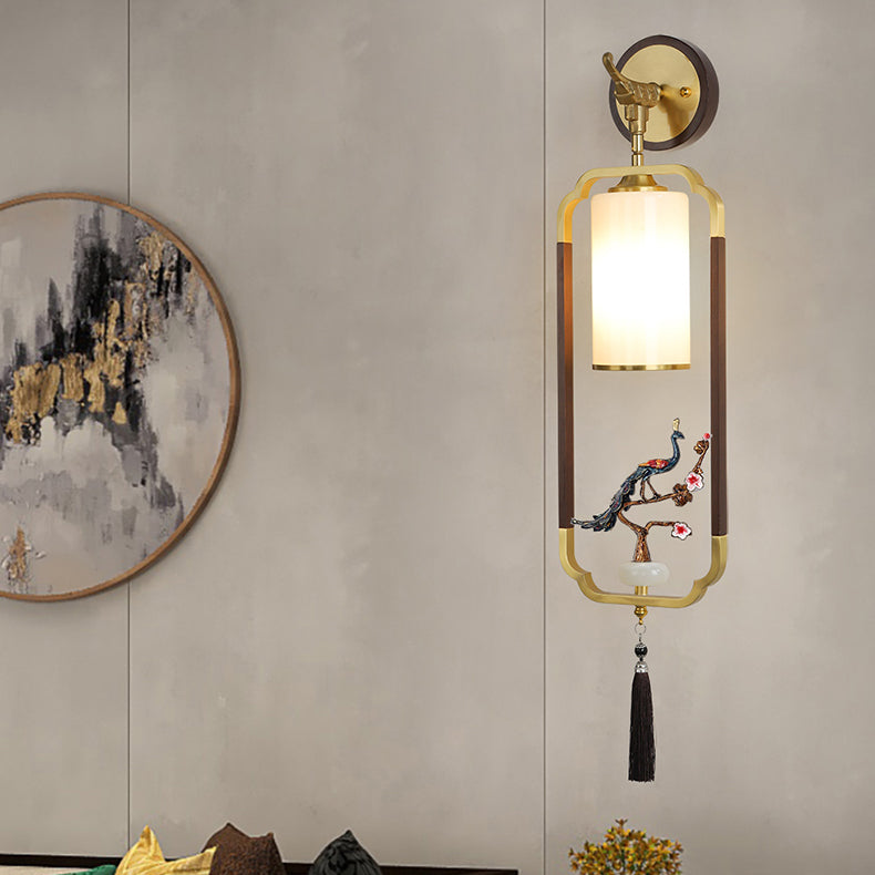 Chinese Glass Lampshade Walnut 1 - Light Wall Sconce Lamp