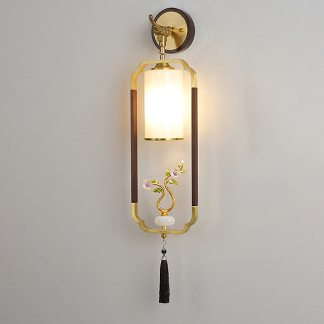 Chinese Glass Lampshade Walnut 1 - Light Wall Sconce Lamp