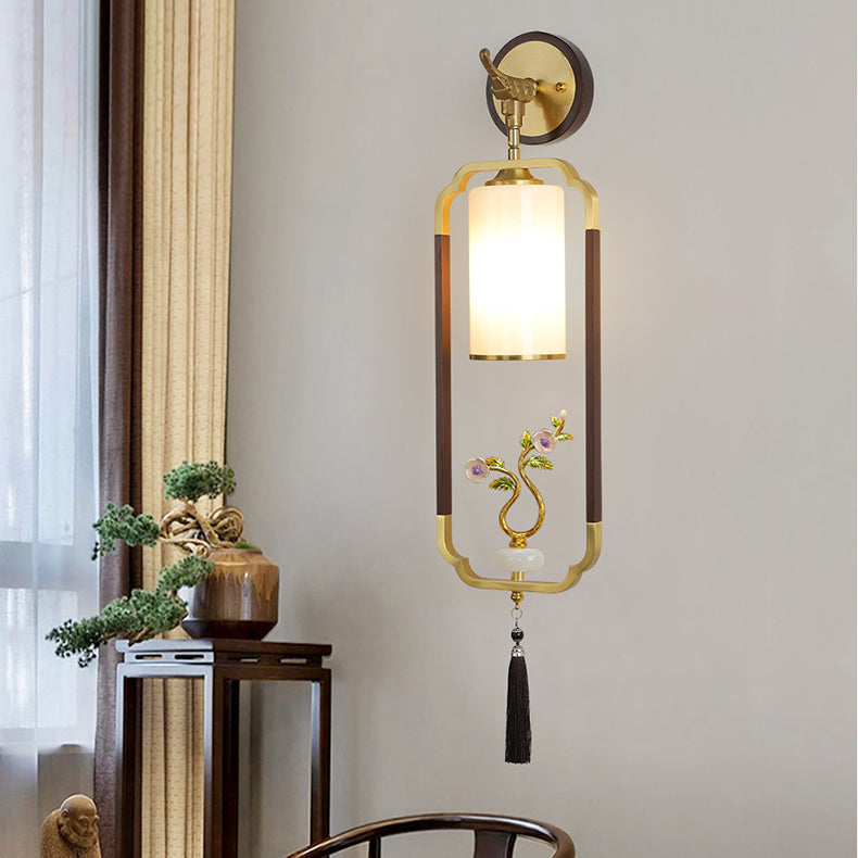 Chinese Glass Lampshade Walnut 1 - Light Wall Sconce Lamp