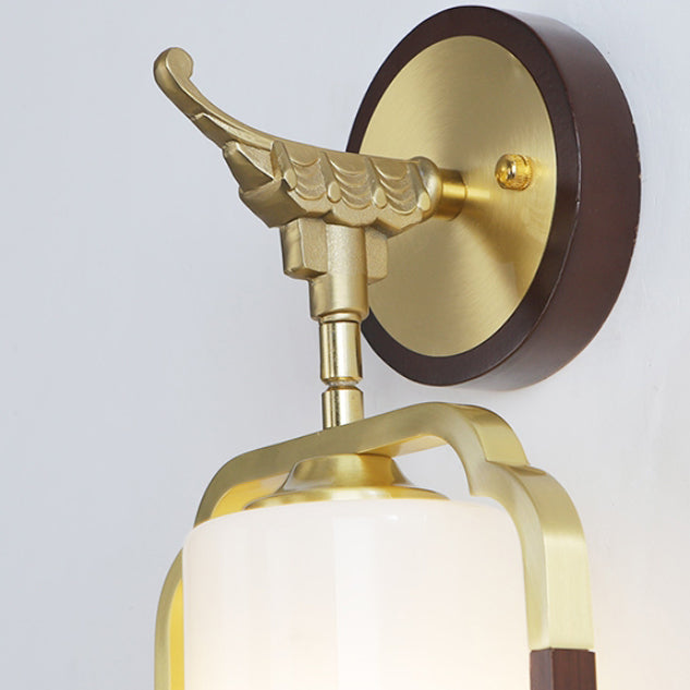 Chinese Glass Lampshade Walnut 1 - Light Wall Sconce Lamp