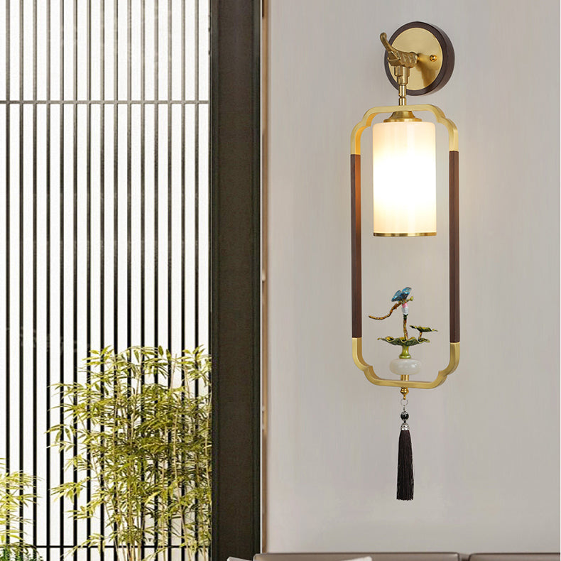 Chinese Glass Lampshade Walnut 1 - Light Wall Sconce Lamp