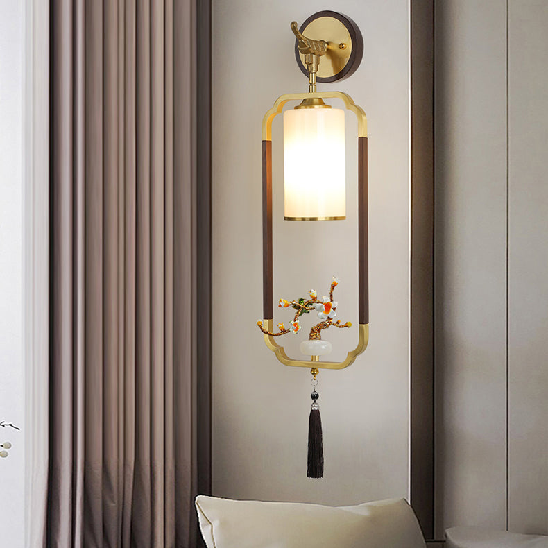 Chinese Glass Lampshade Walnut 1 - Light Wall Sconce Lamp