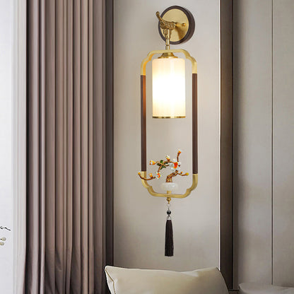 Chinese Glass Lampshade Walnut 1 - Light Wall Sconce Lamp