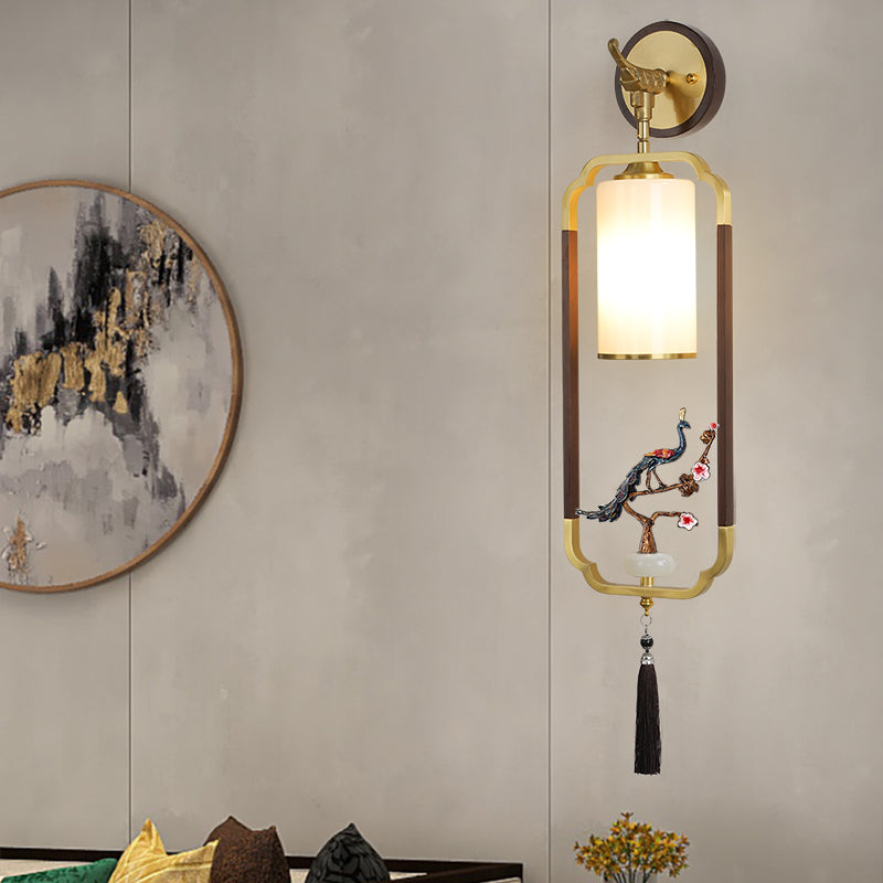 Chinese Glass Lampshade Walnut 1 - Light Wall Sconce Lamp