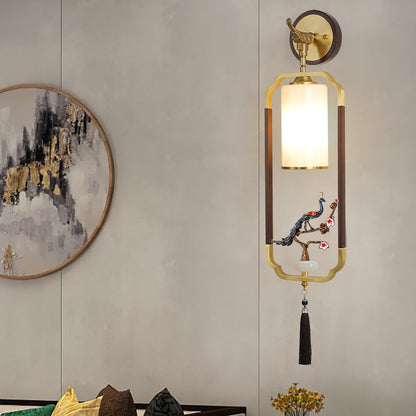 Chinese Glass Lampshade Walnut 1 - Light Wall Sconce Lamp