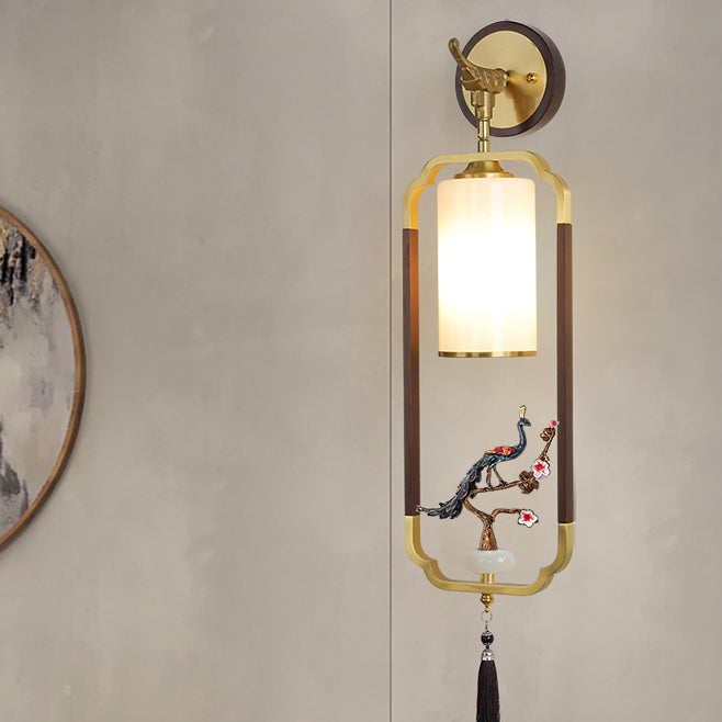 Chinese Glass Lampshade Walnut 1 - Light Wall Sconce Lamp