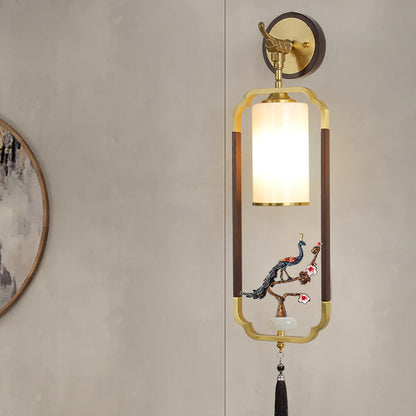 Chinese Glass Lampshade Walnut 1 - Light Wall Sconce Lamp