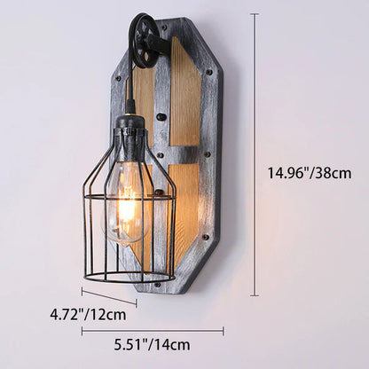 Industrial Pine Wood Iron Cage 1-Light Wall Sconce Lamp