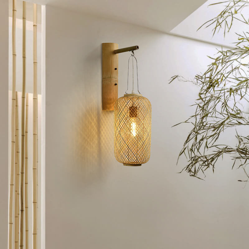 Bamboo Weaving Column Lantern 1-Light Wall Sconce Lamp