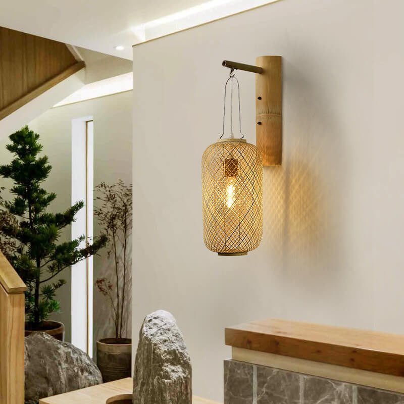Bamboo Weaving Column Lantern 1-Light Wall Sconce Lamp