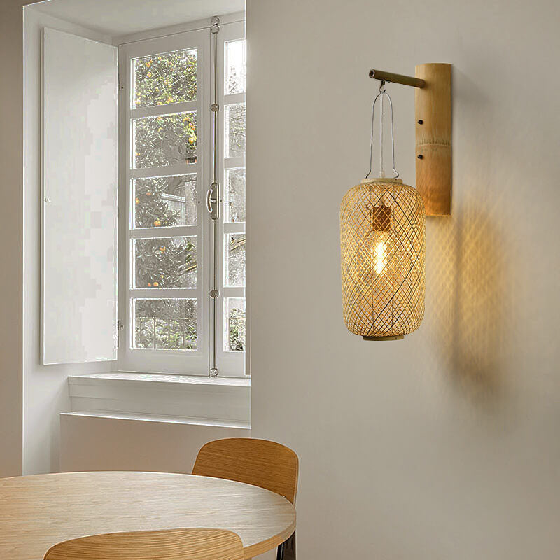 Bamboo Weaving Column Lantern 1-Light Wall Sconce Lamp