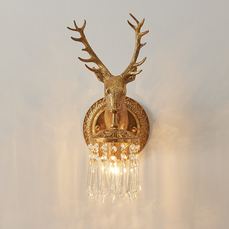 Luxury Deer Head Brass Crystal 1-Light Wall Sconce Lamp
