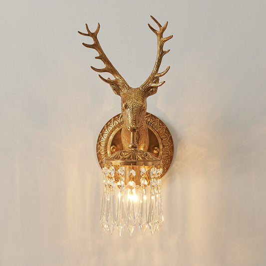 Luxury Deer Head Brass Crystal 1-Light Wall Sconce Lamp