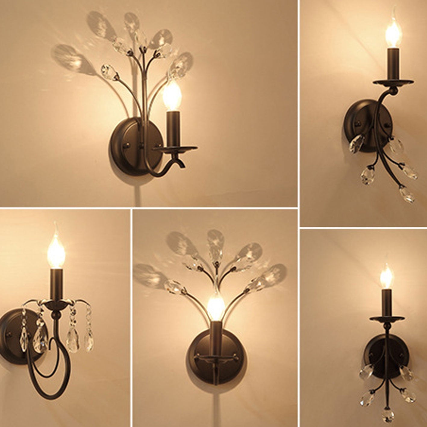 European Wrought Iron Crystal 1-Light Wall Sconce Lamp