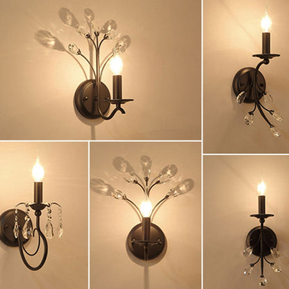 European Wrought Iron Crystal 1-Light Wall Sconce Lamp