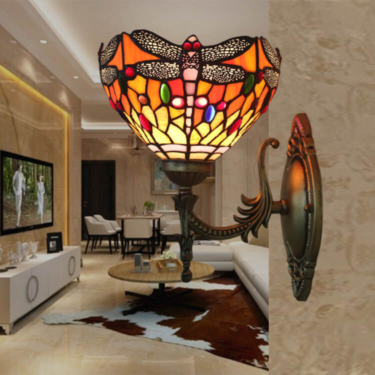 Tiffany Retro Dragonfly Glass 1-Light Wall Sconce Lamp