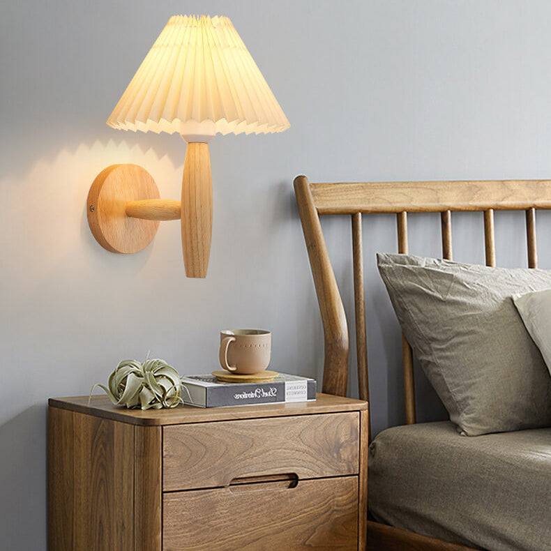 Vintage Wooden Pleated Umbrella Shade 1-Light Wall Sconce Lamp