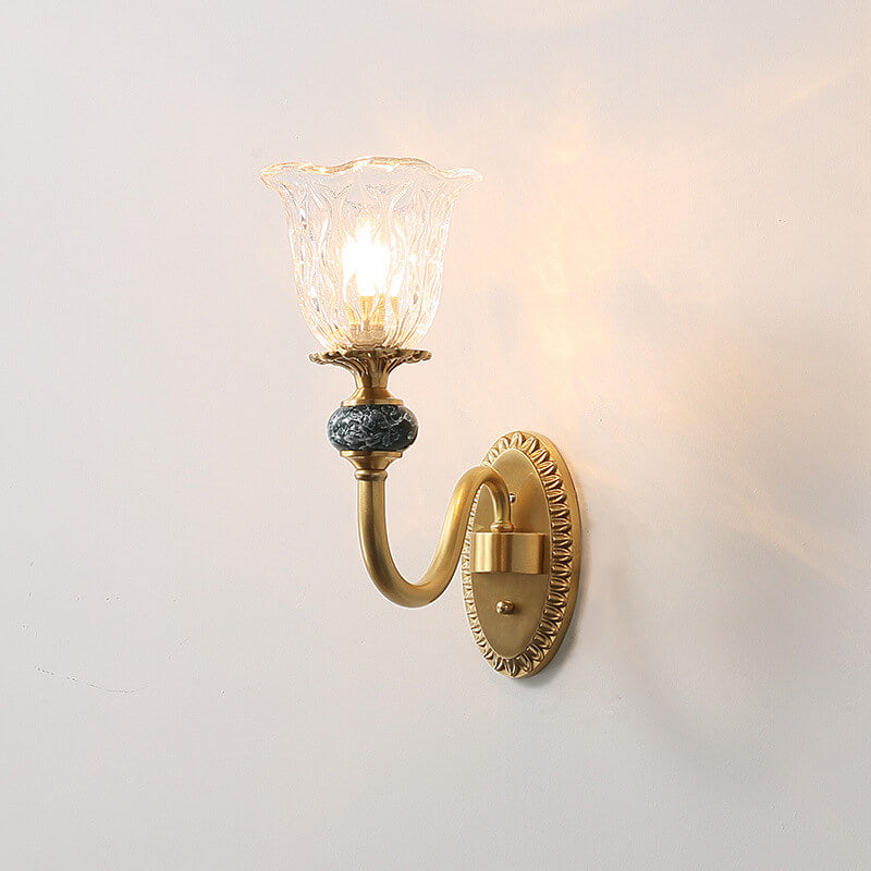 Floral Glass Brass Curved Arm 1/2 Light Wall Sconce Lamp