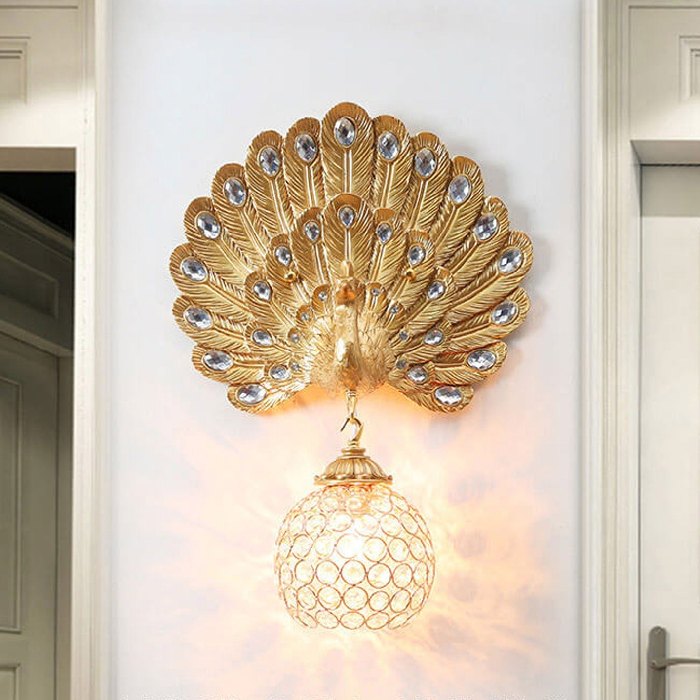 European Crystal Peacock Shape 1-Light Wall Sconce Lamp