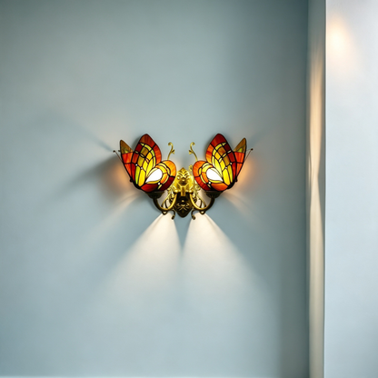 Tiffany Iron Butterfly-shaped 2-Light Wall Sconce Lamp