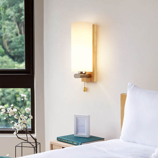 Nordic Wooden Glass Cylindrical 1-Light Wall Sconce Lamp