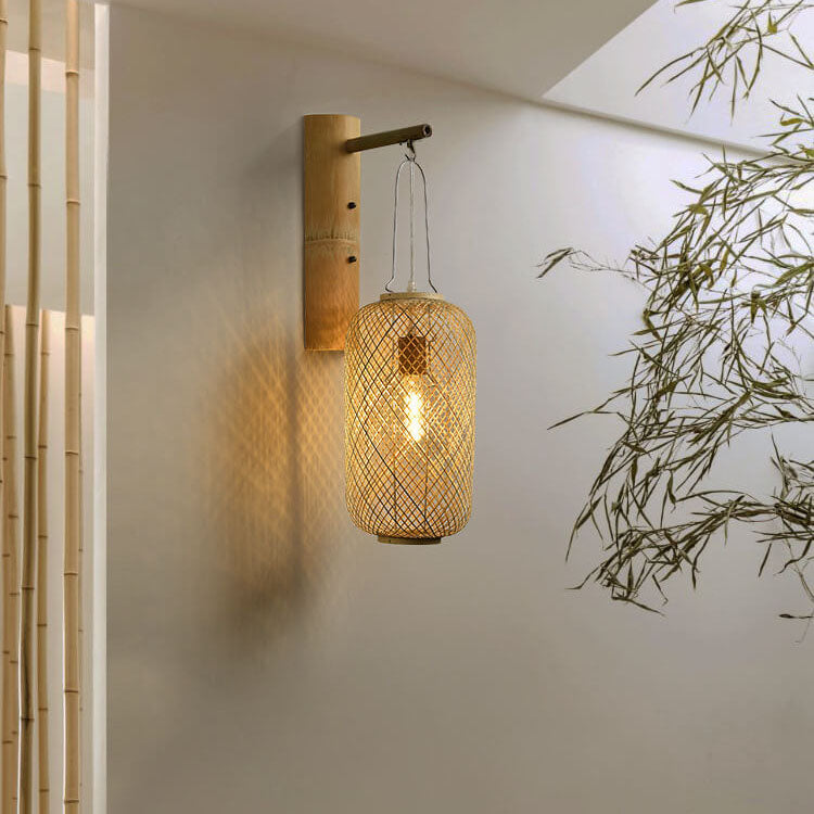Bamboo Weaving Column Lantern 1-Light Wall Sconce Lamp