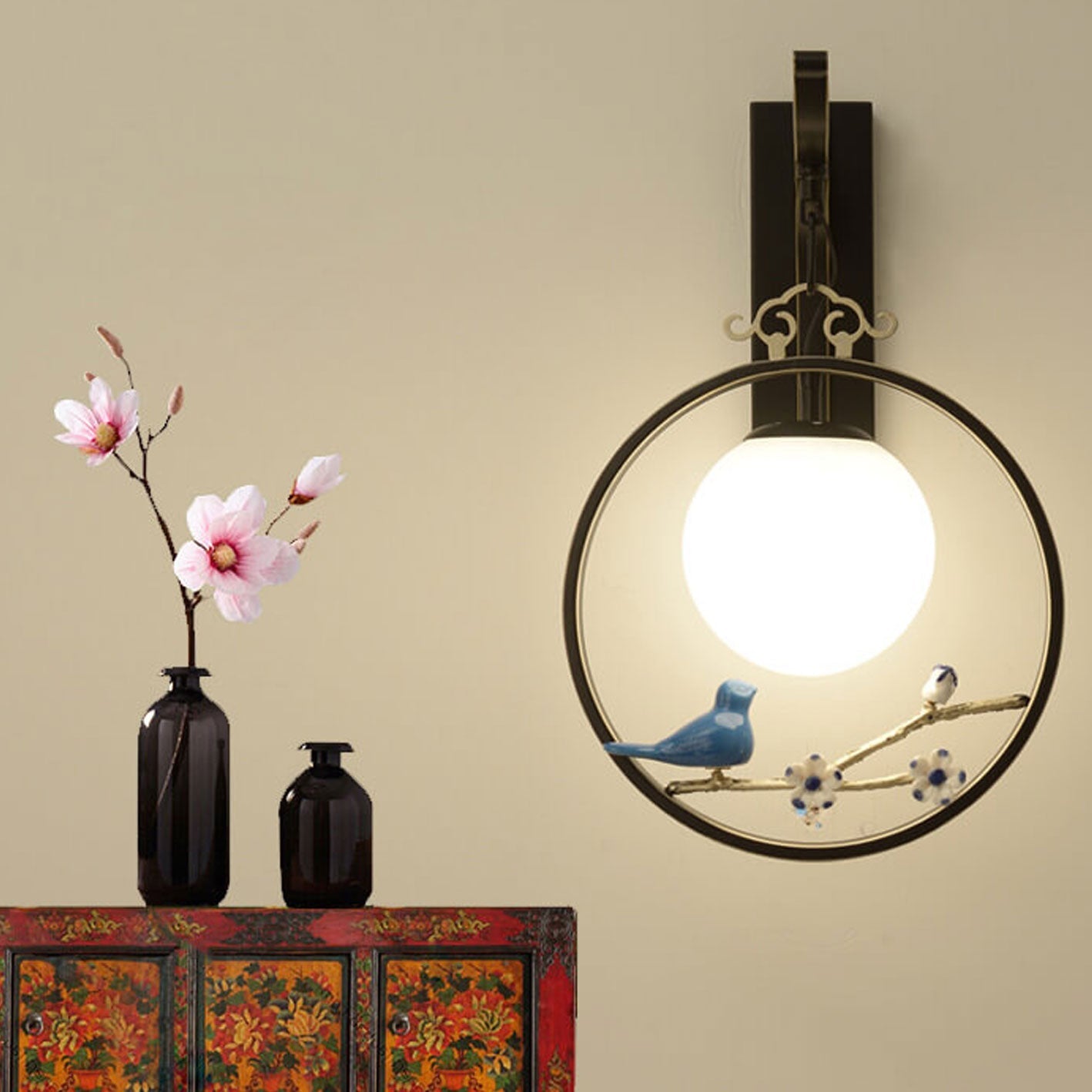 Chinese Ball Bird Tree Branch 1-Light Wall Sconce Lamp